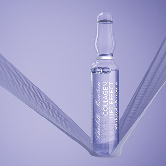 Collagen Lift Effect Wirkstoff-Ampulle vor lila Hintergrund 